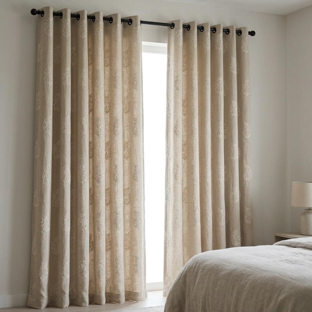 Natural Ivory Beige Heavy Pure Linen Curtains, Tone on Tone Floral Embroidered Drapes, Custom Blackout or Cotton Lined Panels — image 5