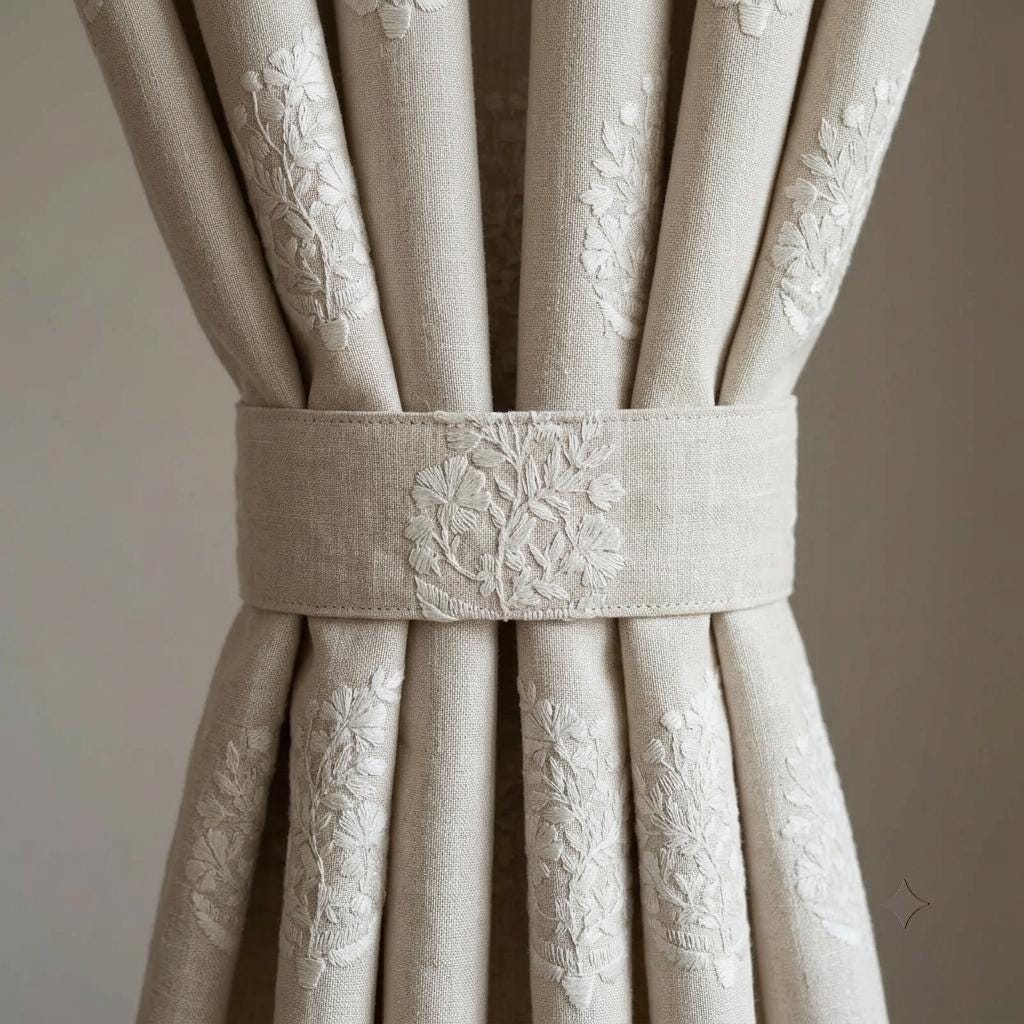 Natural Ivory Beige Heavy Pure Linen Curtains, Tone on Tone Floral Embroidered Drapes, Custom Blackout or Cotton Lined Panels — image 1