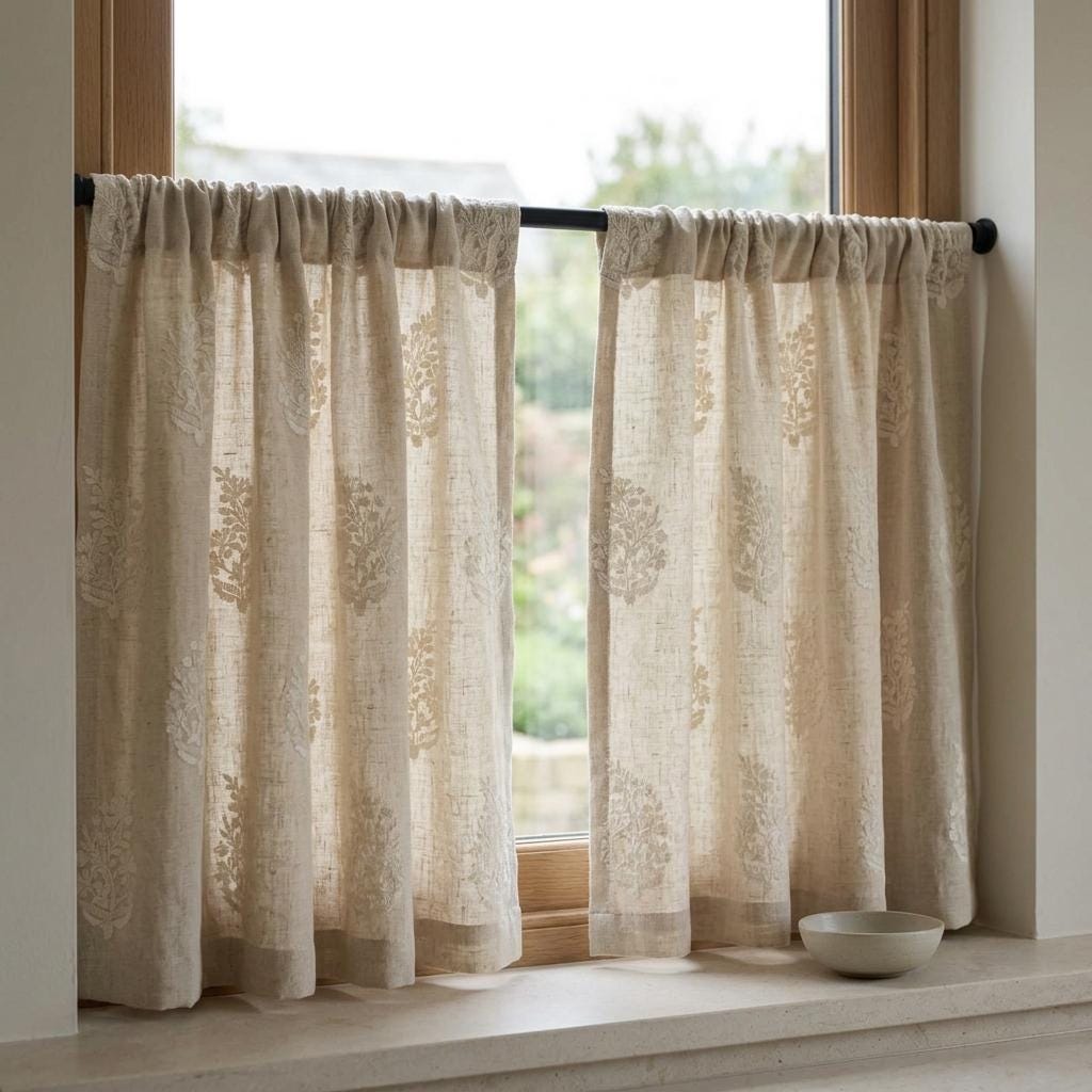 Natural Ivory Beige Heavy Pure Linen Curtains, Tone on Tone Floral Embroidered Drapes, Custom Blackout or Cotton Lined Panels — image 8