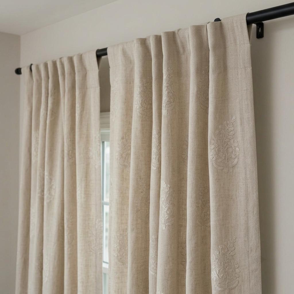 Natural Ivory Beige Heavy Pure Linen Curtains, Tone on Tone Floral Embroidered Drapes, Custom Blackout or Cotton Lined Panels — image 9