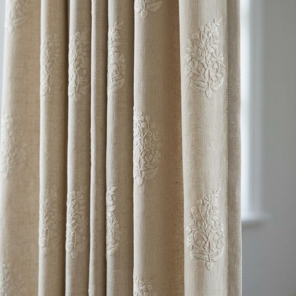 Natural Ivory Beige Heavy Pure Linen Curtains, Tone on Tone Floral Embroidered Drapes, Custom Blackout or Cotton Lined Panels — image 1