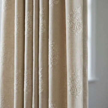 Natural Ivory Beige Heavy Pure Linen Curtains, Tone on Tone Floral Embroidered Drapes, Custom Blackout or Cotton Lined Panels — image 1