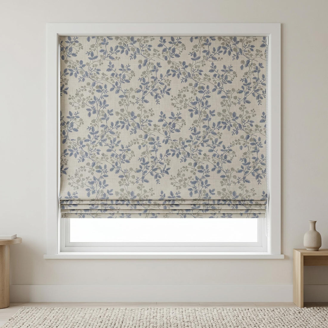 Natural Linen Roman Shade, Blue Gray Embroidered Botanical Blind, Custom Corded Window Shade, Blackout or Cotton Lined — image 1
