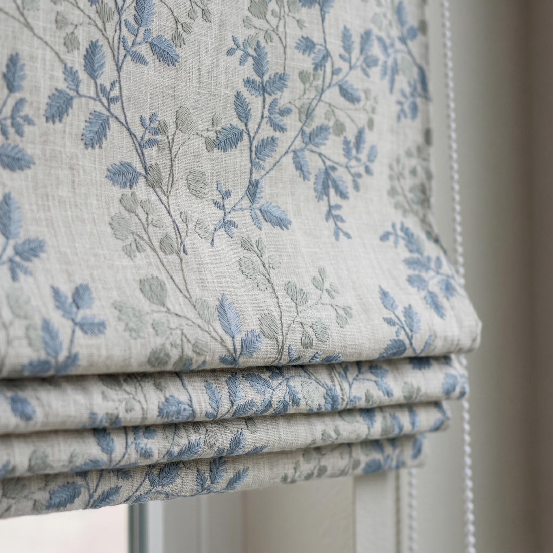 Natural Linen Roman Shade, Blue Gray Embroidered Botanical Blind, Custom Corded Window Shade, Blackout or Cotton Lined — image 1