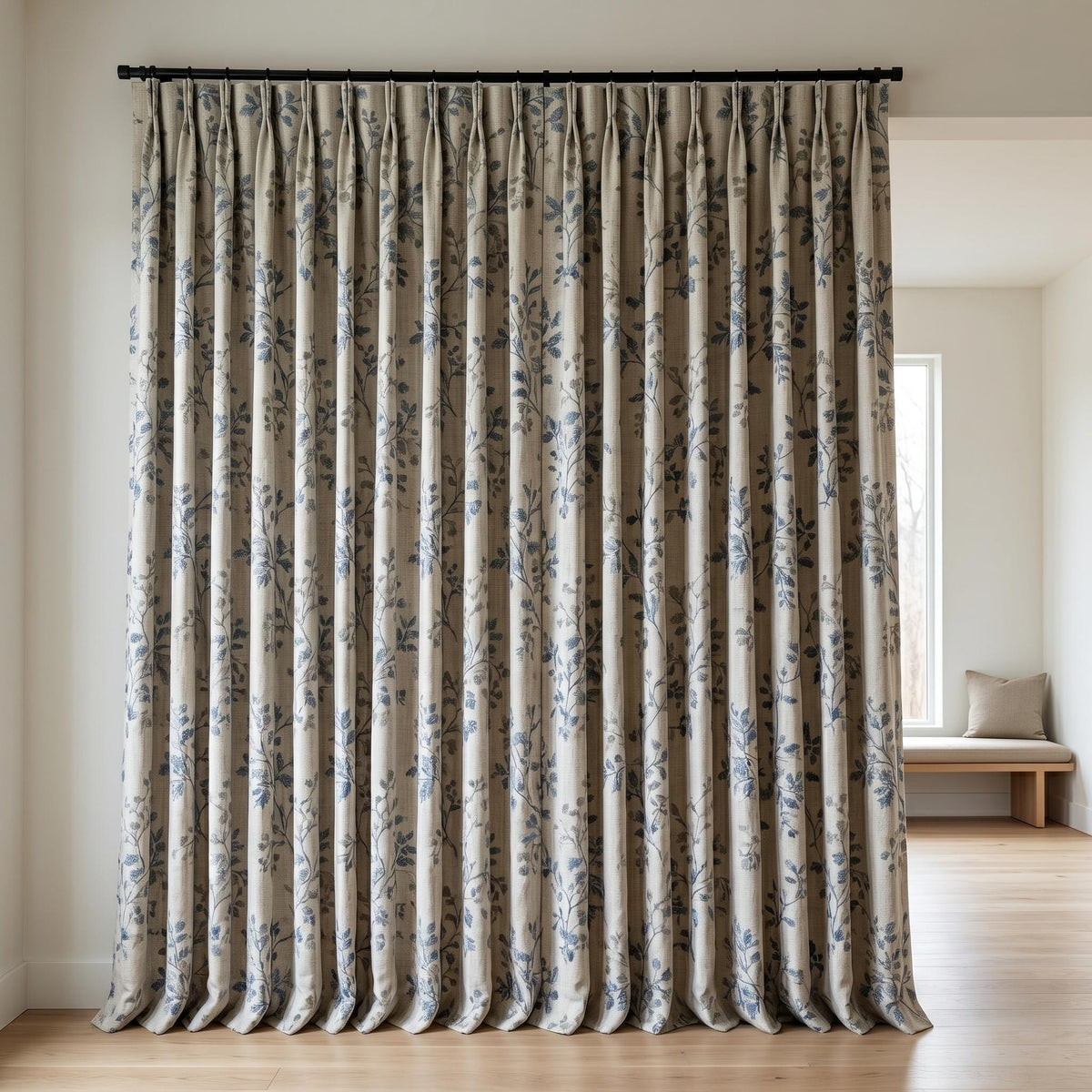 Ivory Linen Embroidered Curtains, Dusty Blue Grey Botanical Leaf Drapes, Custom Blackout or Cotton Lined Panels — image 9