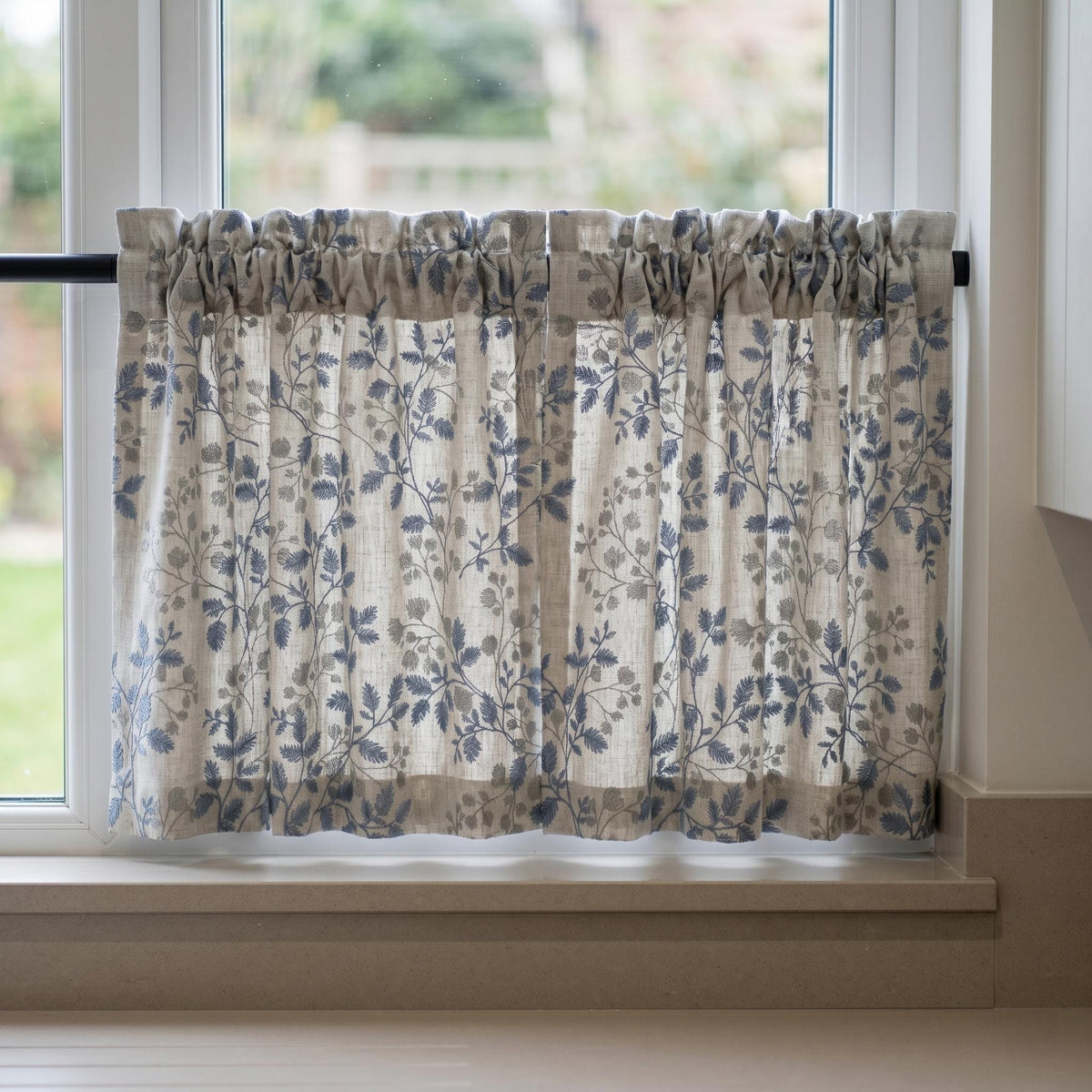 Ivory Linen Embroidered Curtains, Dusty Blue Grey Botanical Leaf Drapes, Custom Blackout or Cotton Lined Panels — image 6