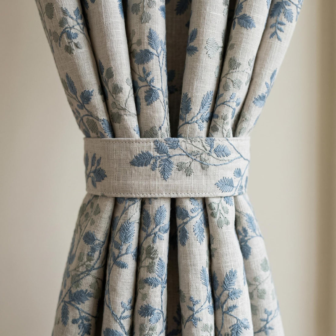 Ivory Linen Embroidered Curtains, Dusty Blue Grey Botanical Leaf Drapes, Custom Blackout or Cotton Lined Panels — image 1