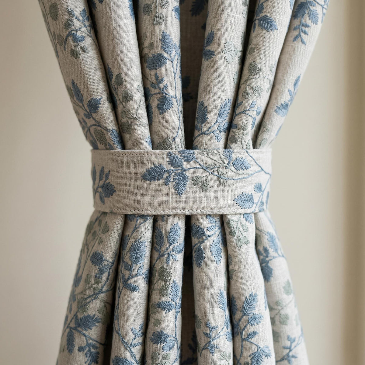 Ivory Linen Embroidered Curtains, Dusty Blue Grey Botanical Leaf Drapes, Custom Blackout or Cotton Lined Panels — image 2