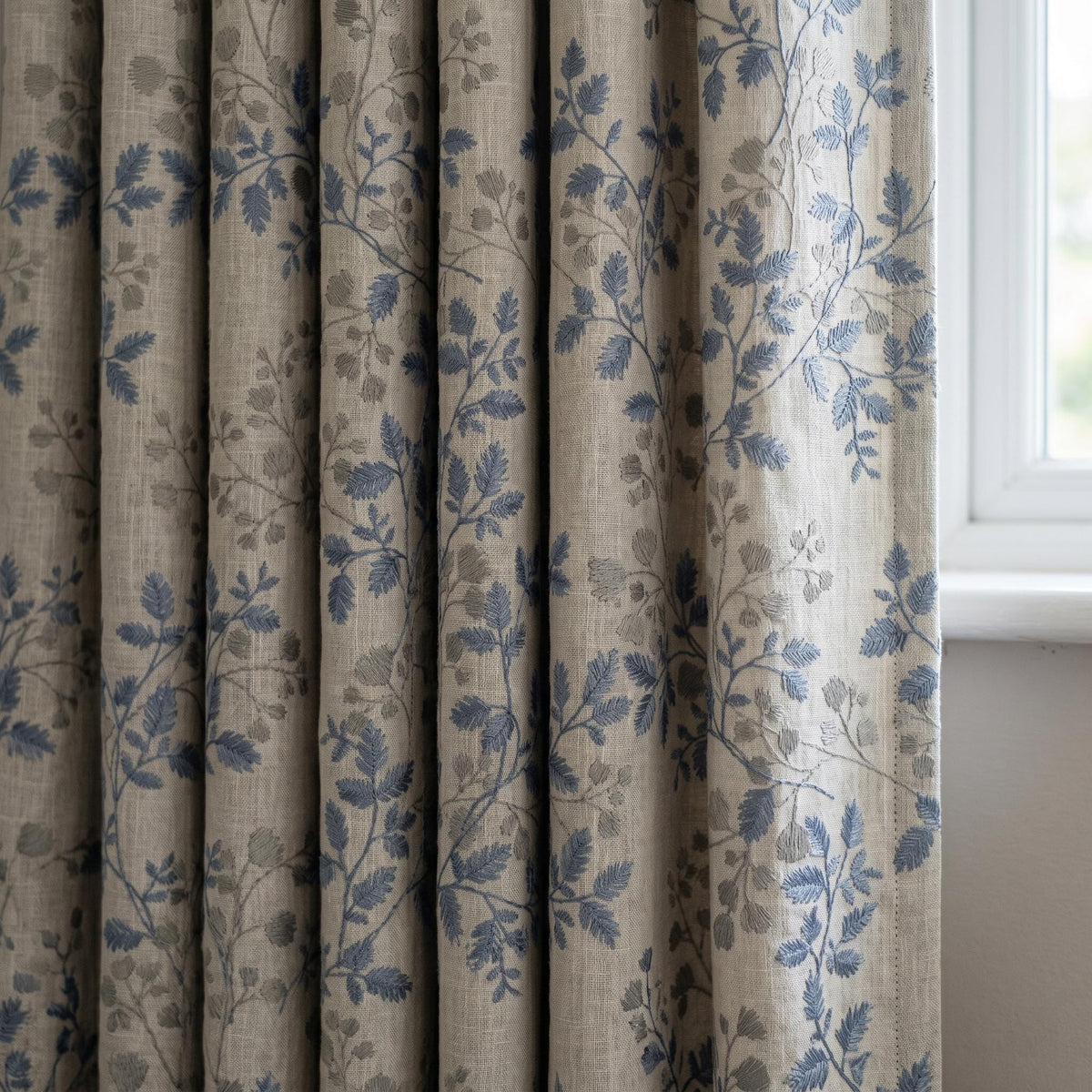 Ivory Linen Embroidered Curtains, Dusty Blue Grey Botanical Leaf Drapes, Custom Blackout or Cotton Lined Panels — image 1