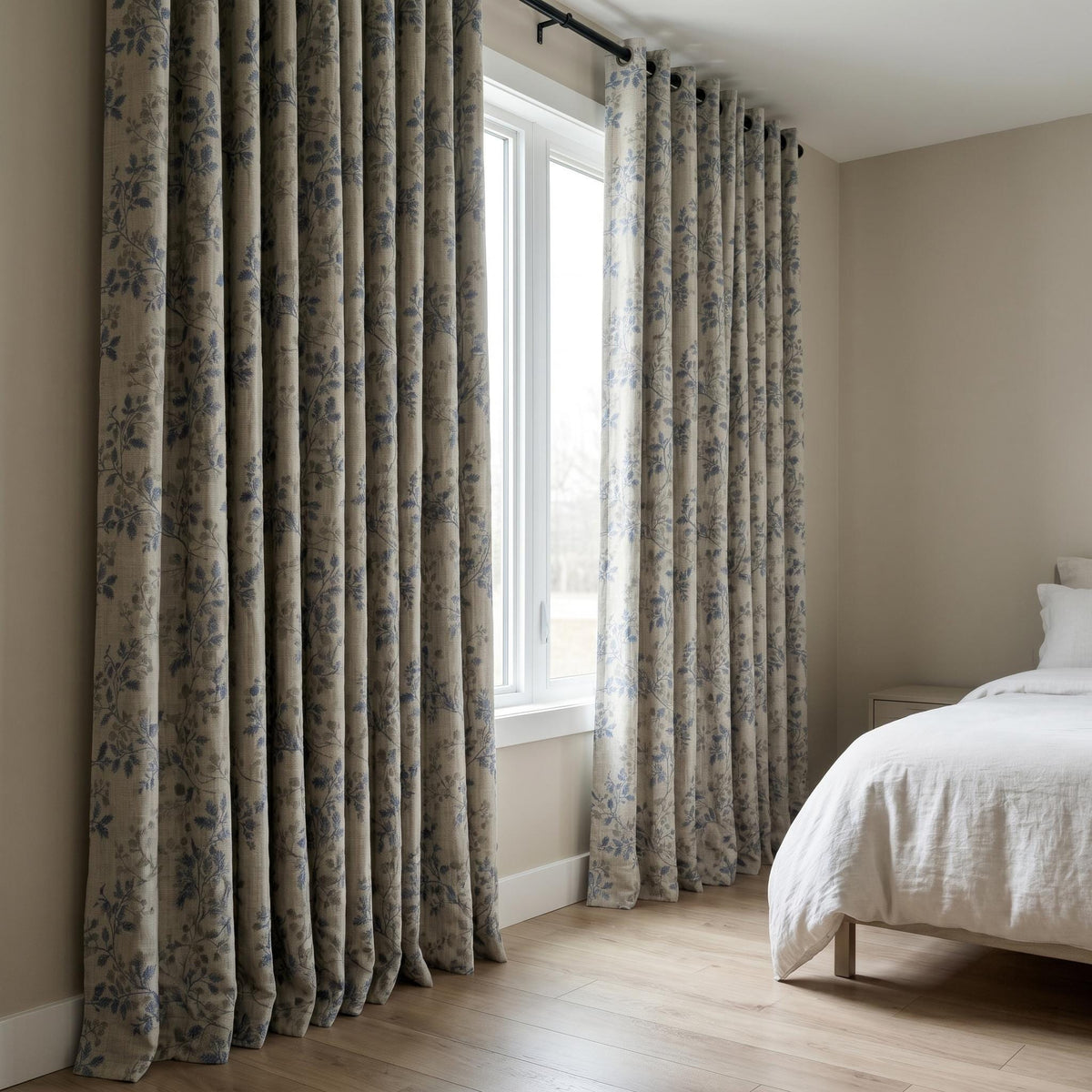 Ivory Linen Embroidered Curtains, Dusty Blue Grey Botanical Leaf Drapes, Custom Blackout or Cotton Lined Panels — image 5