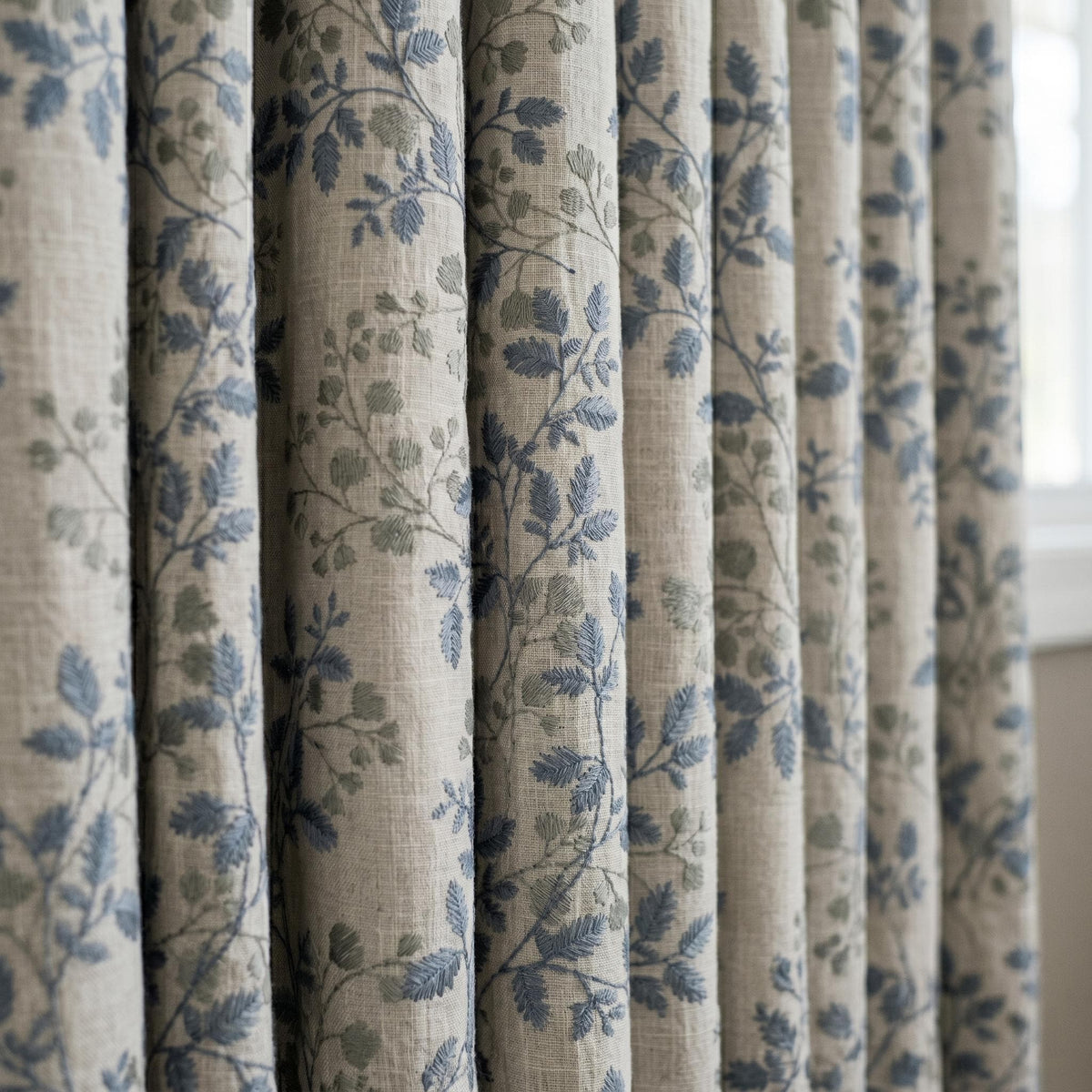 Ivory Linen Embroidered Curtains, Dusty Blue Grey Botanical Leaf Drapes, Custom Blackout or Cotton Lined Panels — image 3