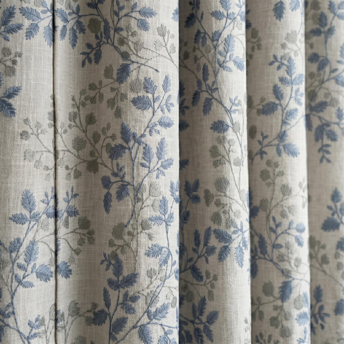 Ivory Linen Embroidered Curtains, Dusty Blue Grey Botanical Leaf Drapes, Custom Blackout or Cotton Lined Panels — image 8