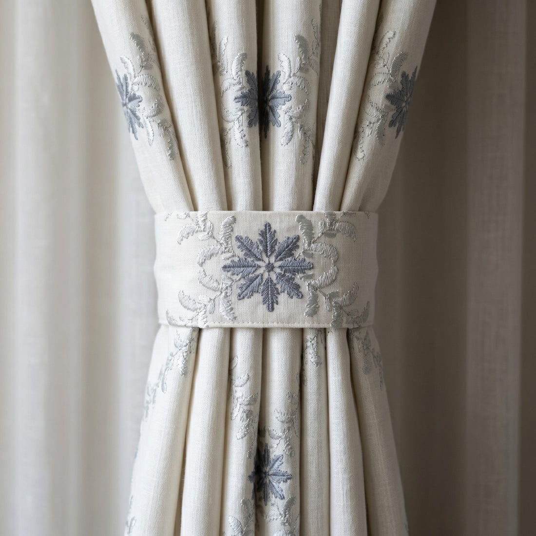 Off White Linen Embroidered Curtains, Blue Grey Floral Ogee Drapes, Custom Blackout or Cotton Lined Curtain Panels — image 1