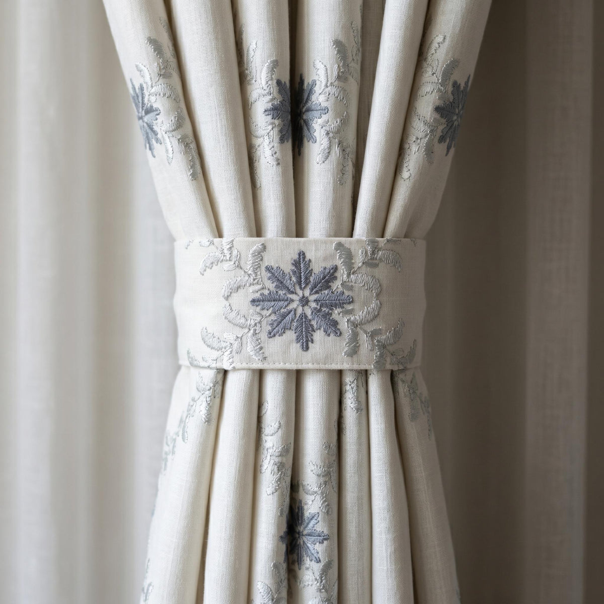 Off White Linen Embroidered Curtains, Blue Grey Floral Ogee Drapes, Custom Blackout or Cotton Lined Curtain Panels — image 2