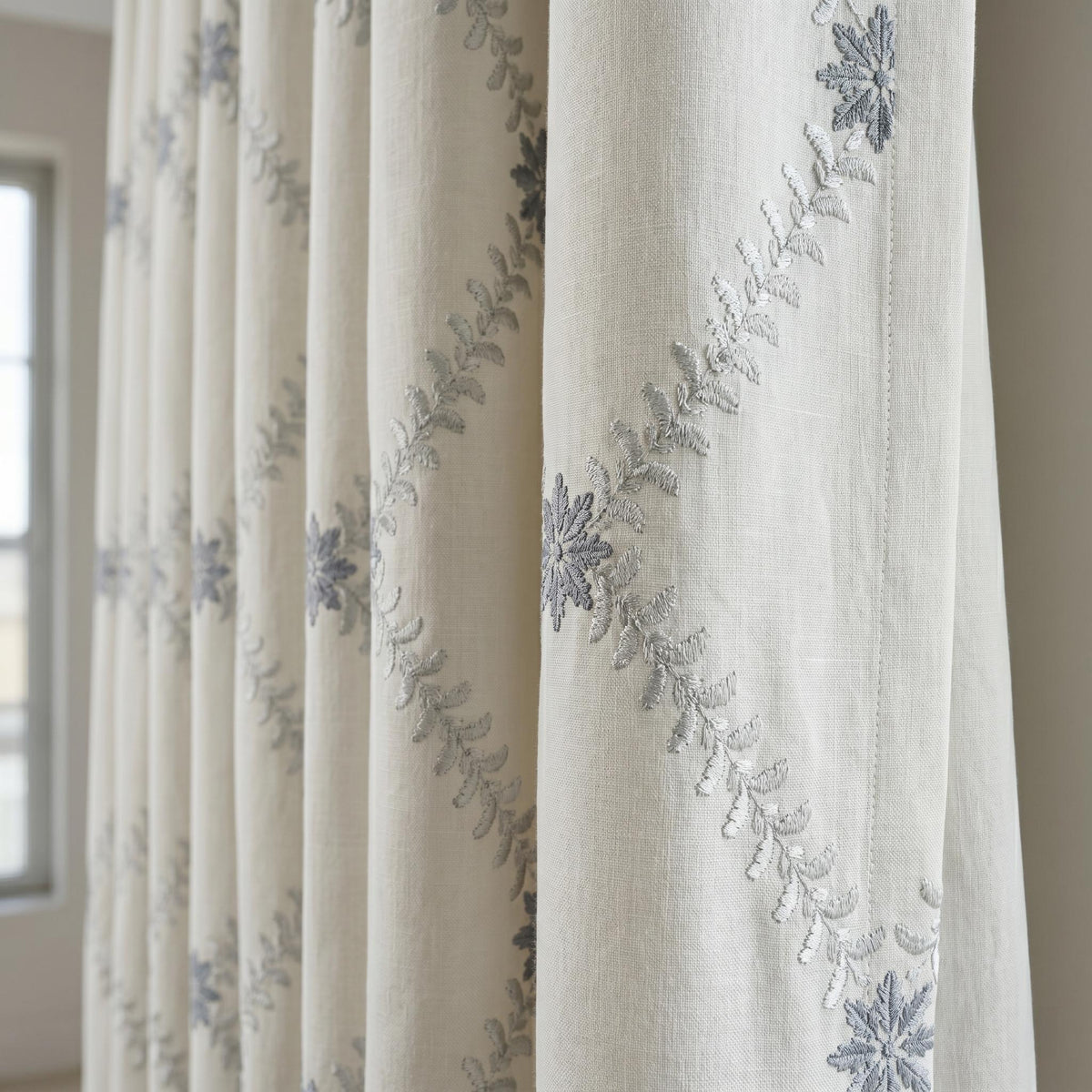 Off White Linen Embroidered Curtains, Blue Grey Floral Ogee Drapes, Custom Blackout or Cotton Lined Curtain Panels — image 7