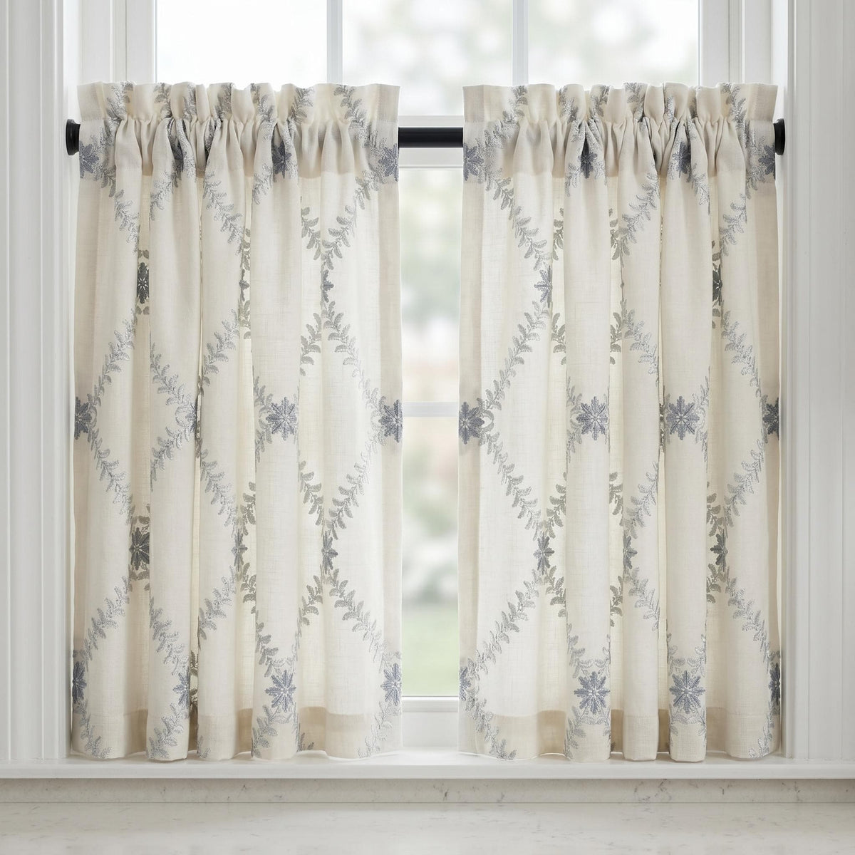Off White Linen Embroidered Curtains, Blue Grey Floral Ogee Drapes, Custom Blackout or Cotton Lined Curtain Panels — image 9