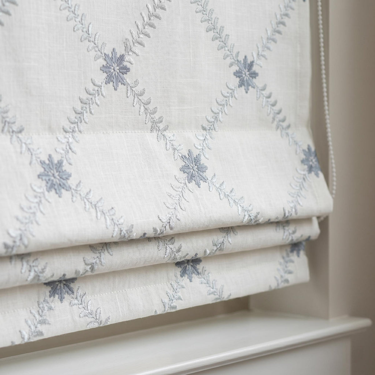 Off White Linen Roman Shade, Silver Gray Blue Embroidered Trellis Blind, Custom Corded Window Shade, Blackout or Cotton Lined — image 4