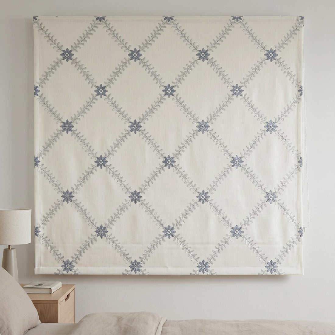 Off White Linen Roman Shade, Silver Gray Blue Embroidered Trellis Blind, Custom Corded Window Shade, Blackout or Cotton Lined — image 1