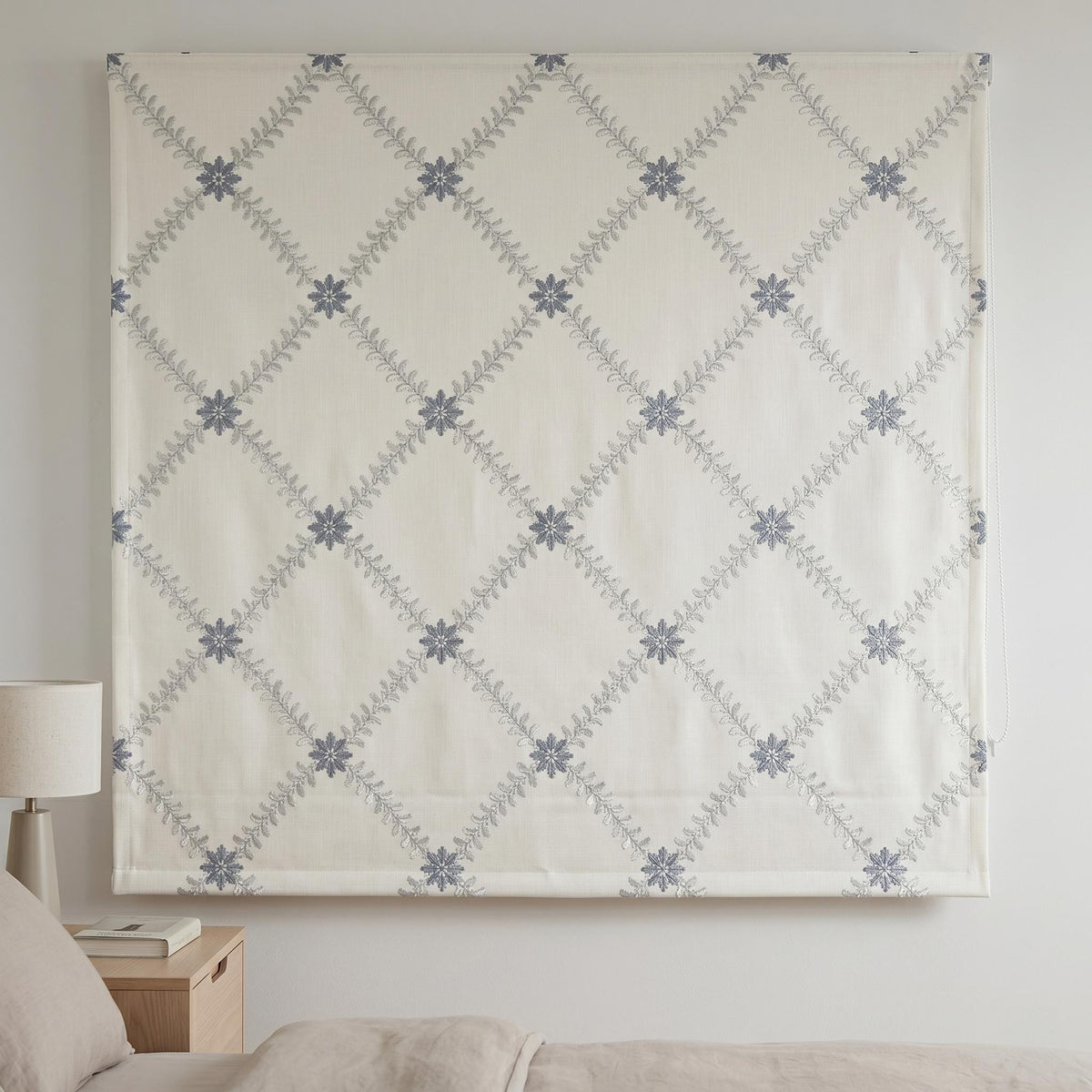 Off White Linen Roman Shade, Silver Gray Blue Embroidered Trellis Blind, Custom Corded Window Shade, Blackout or Cotton Lined — image 2