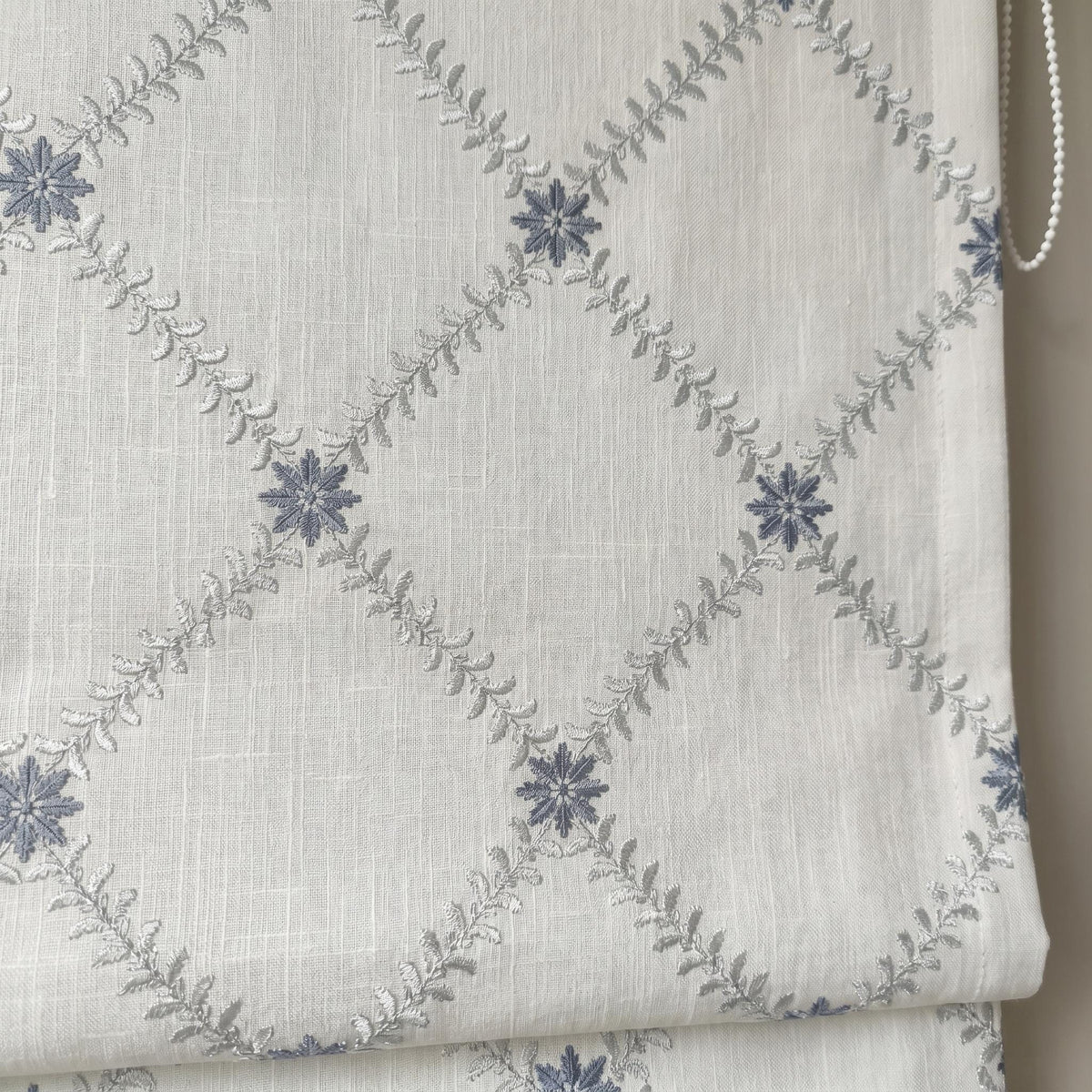 Off White Linen Roman Shade, Silver Gray Blue Embroidered Trellis Blind, Custom Corded Window Shade, Blackout or Cotton Lined — image 1