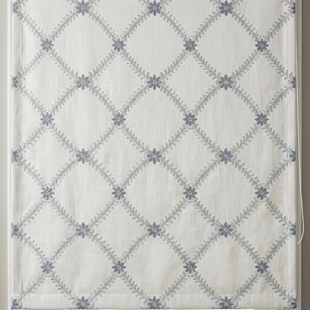 Off White Linen Roman Shade, Silver Gray Blue Embroidered Trellis Blind, Custom Corded Window Shade, Blackout or Cotton Lined — image 7