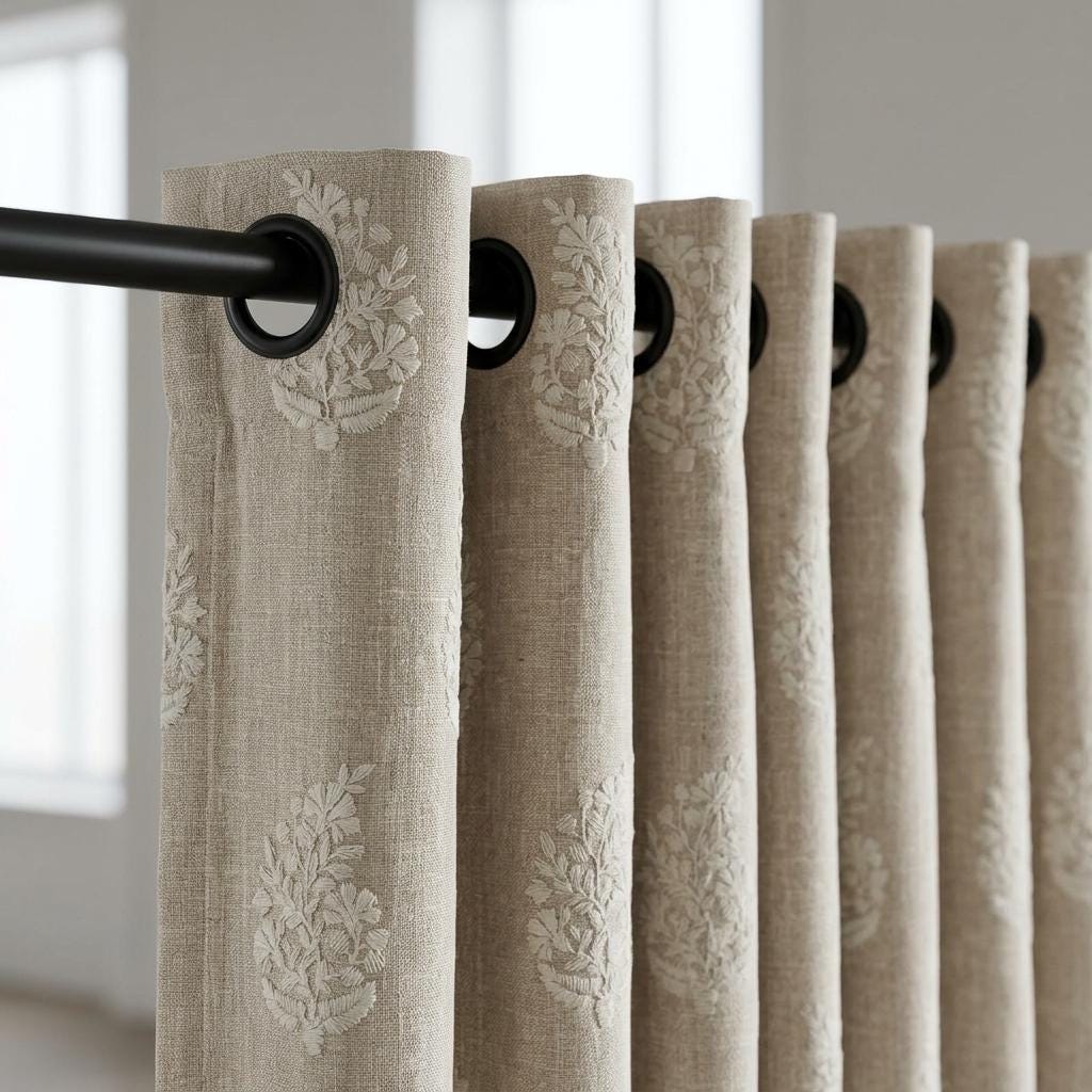 Natural Flax Beige Heavy Pure Linen Curtains, Ivory Floral Embroidered Drapes, Custom Blackout or Cotton Lined Panels — image 6