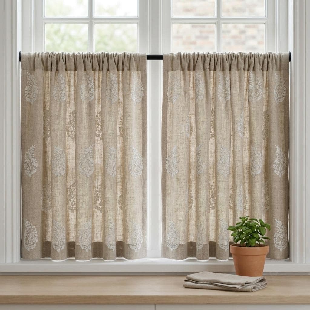 Natural Flax Beige Heavy Pure Linen Curtains, Ivory Floral Embroidered Drapes, Custom Blackout or Cotton Lined Panels — image 5