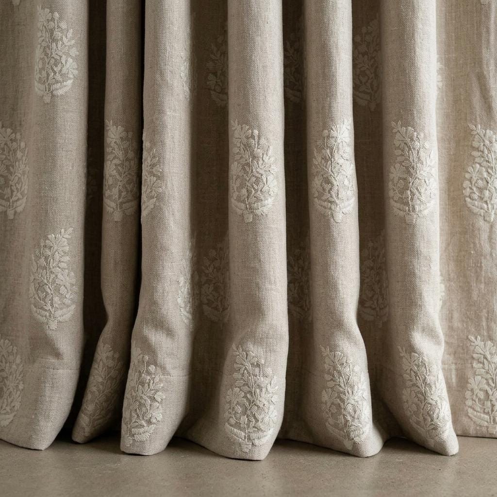 Natural Flax Beige Heavy Pure Linen Curtains, Ivory Floral Embroidered Drapes, Custom Blackout or Cotton Lined Panels — image 8