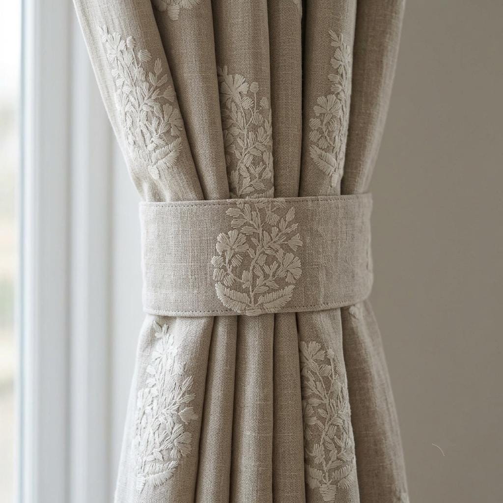 Natural Flax Beige Heavy Pure Linen Curtains, Ivory Floral Embroidered Drapes, Custom Blackout or Cotton Lined Panels — image 3