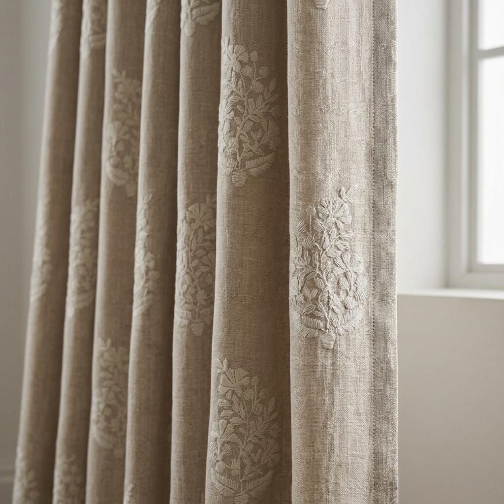 Natural Flax Beige Heavy Pure Linen Curtains, Ivory Floral Embroidered Drapes, Custom Blackout or Cotton Lined Panels — image 2