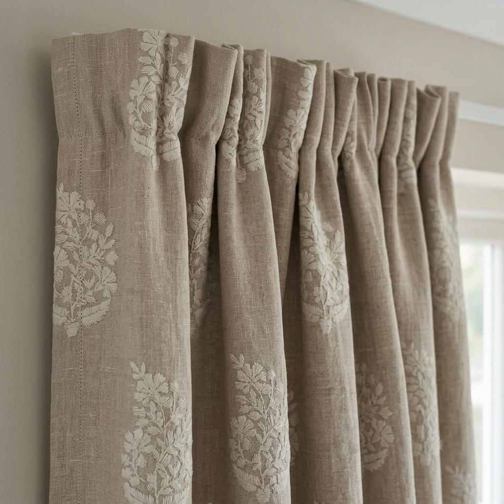 Natural Flax Beige Heavy Pure Linen Curtains, Ivory Floral Embroidered Drapes, Custom Blackout or Cotton Lined Panels — image 1