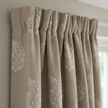 Natural Flax Beige Heavy Pure Linen Curtains, Ivory Floral Embroidered Drapes, Custom Blackout or Cotton Lined Panels — image 1