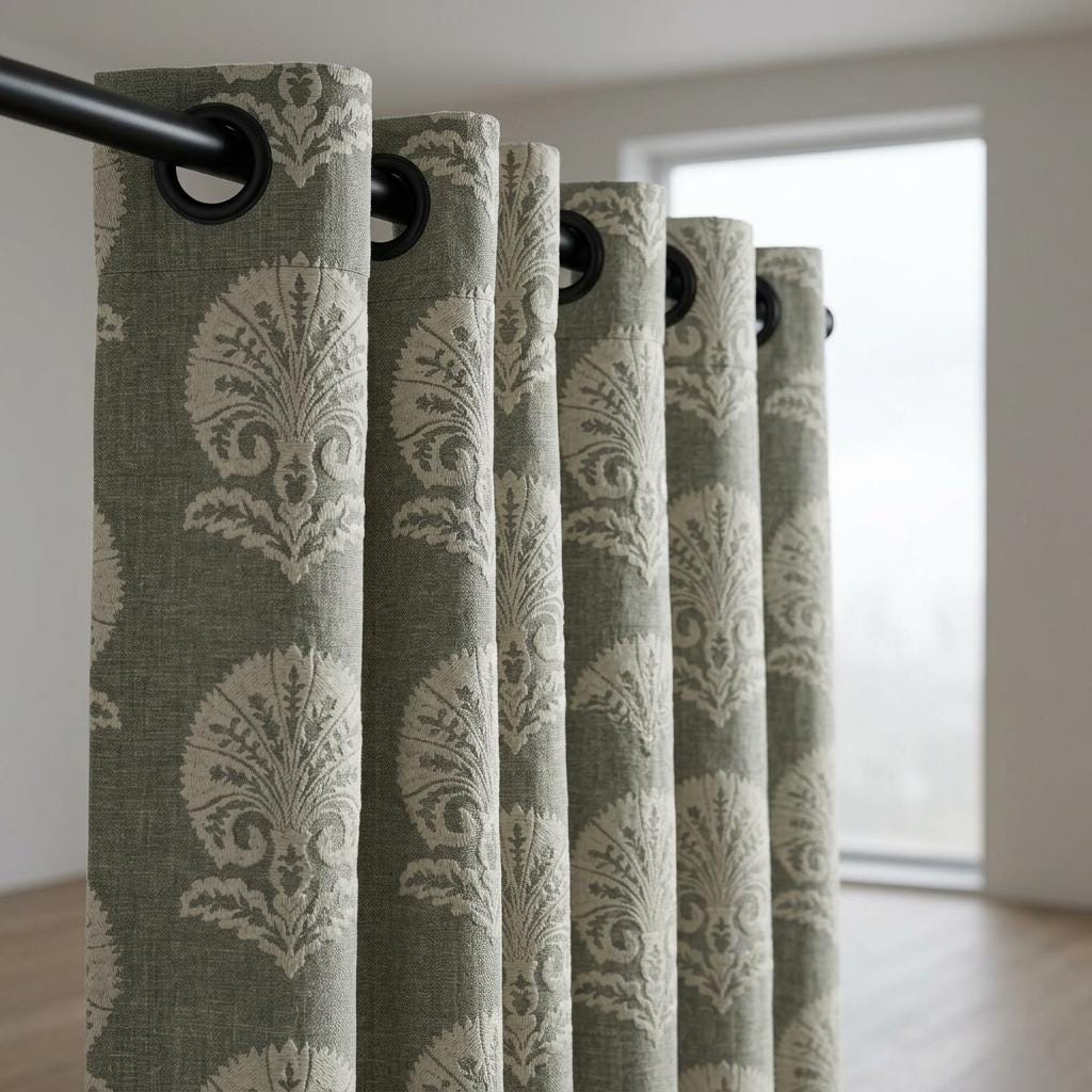 Charcoal Gray Heavy Pure Linen Curtains, Ivory Damask Embroidered Drapes, Custom Blackout or Cotton Lined Panels — image 6