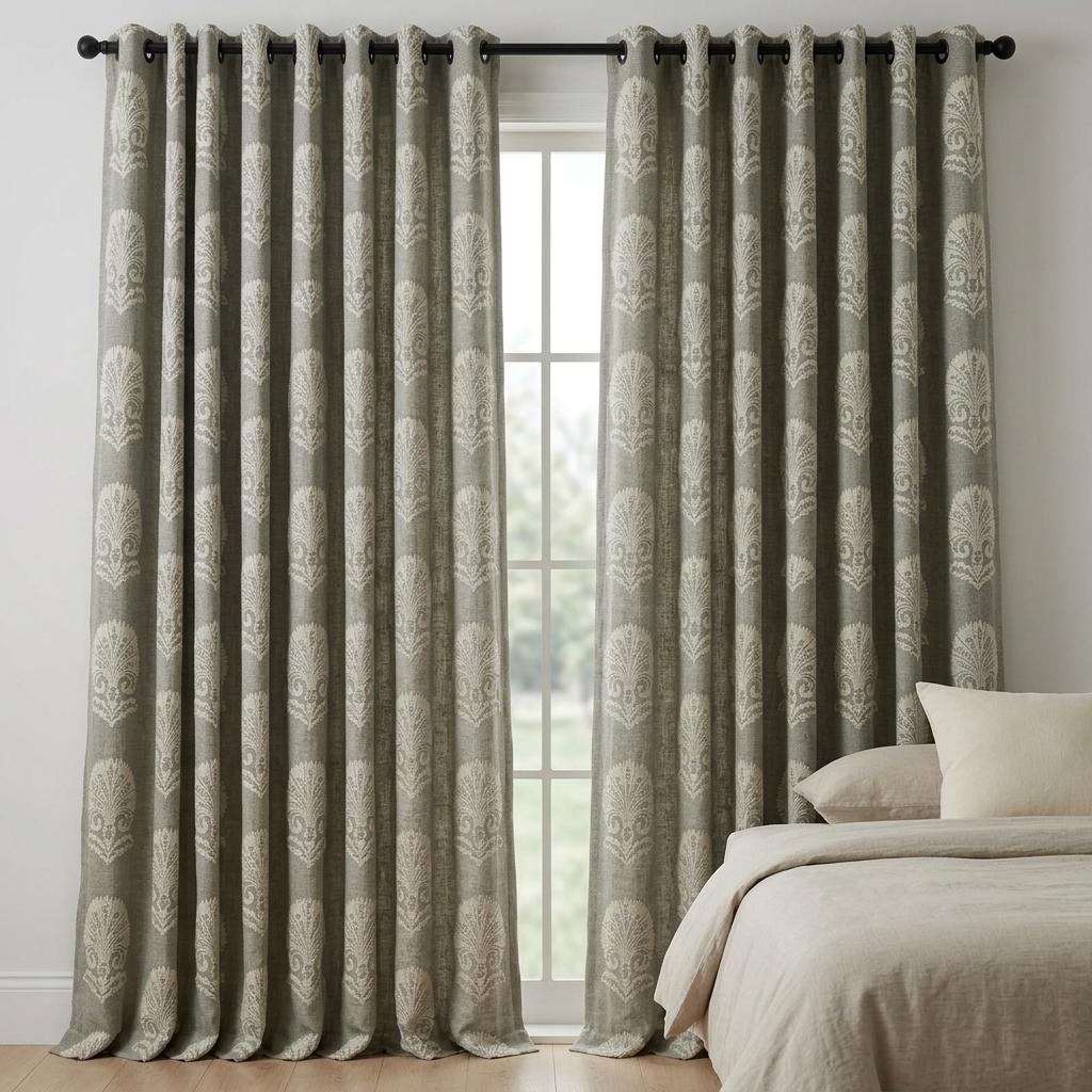 Charcoal Gray Heavy Pure Linen Curtains, Ivory Damask Embroidered Drapes, Custom Blackout or Cotton Lined Panels — image 7