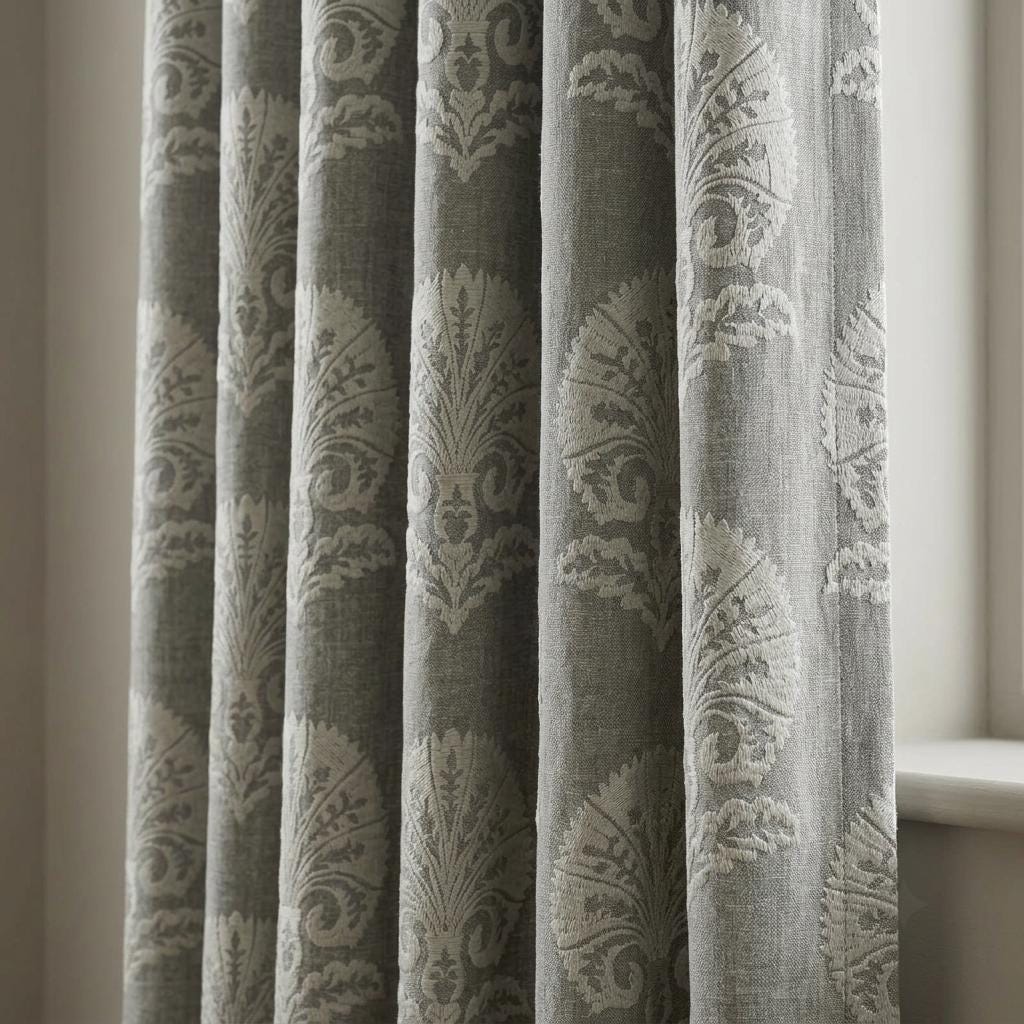 Charcoal Gray Heavy Pure Linen Curtains, Ivory Damask Embroidered Drapes, Custom Blackout or Cotton Lined Panels — image 3
