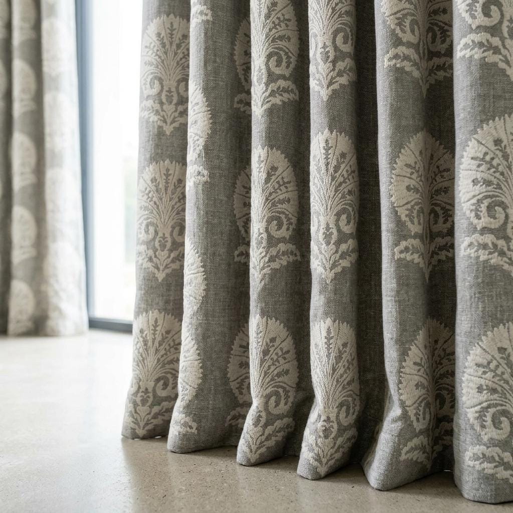 Charcoal Gray Heavy Pure Linen Curtains, Ivory Damask Embroidered Drapes, Custom Blackout or Cotton Lined Panels — image 4