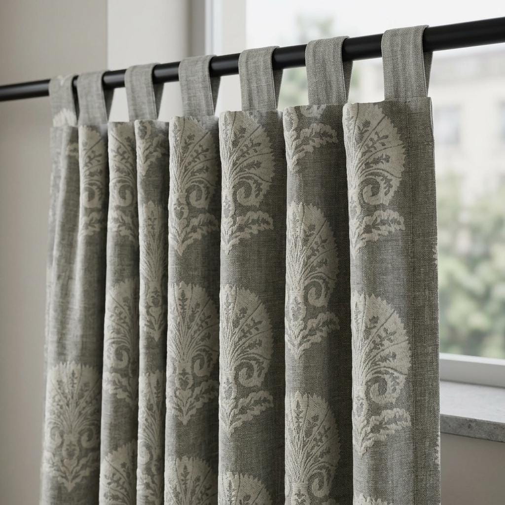 Charcoal Gray Heavy Pure Linen Curtains, Ivory Damask Embroidered Drapes, Custom Blackout or Cotton Lined Panels — image 9