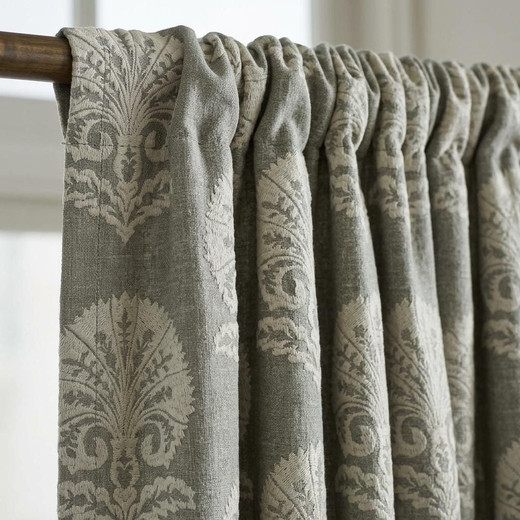 Charcoal Gray Heavy Pure Linen Curtains, Ivory Damask Embroidered Drapes, Custom Blackout or Cotton Lined Panels — image 1