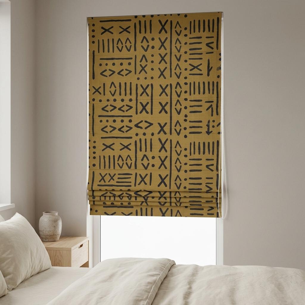 Mustard Ochre Linen Roman Shade, Black Mudcloth Tribal Custom Corded Roman Blind, Blackout Light Filtering Blind — image 1
