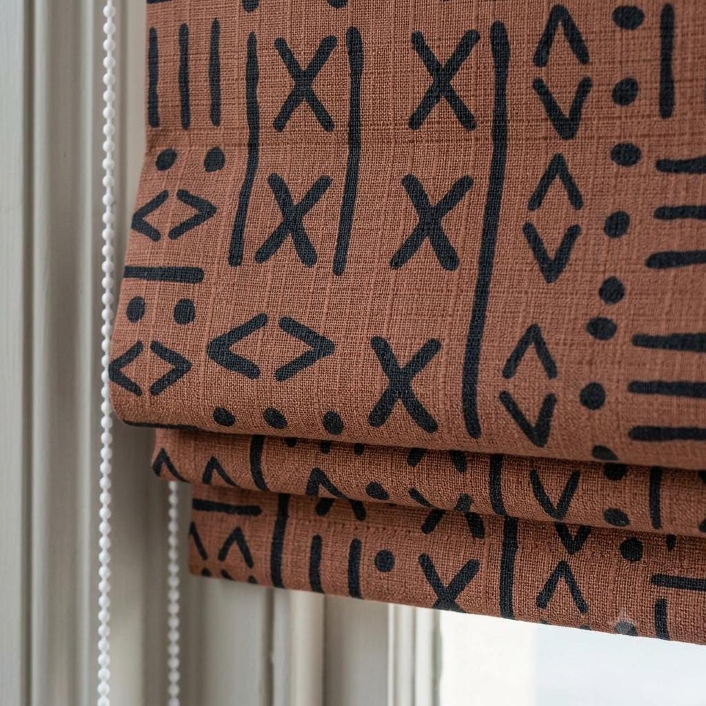 Rust Brown Linen Roman Shade, Black Mudcloth Tribal Custom Corded Roman Blind, Blackout Light Filtering Window Shade — image 1