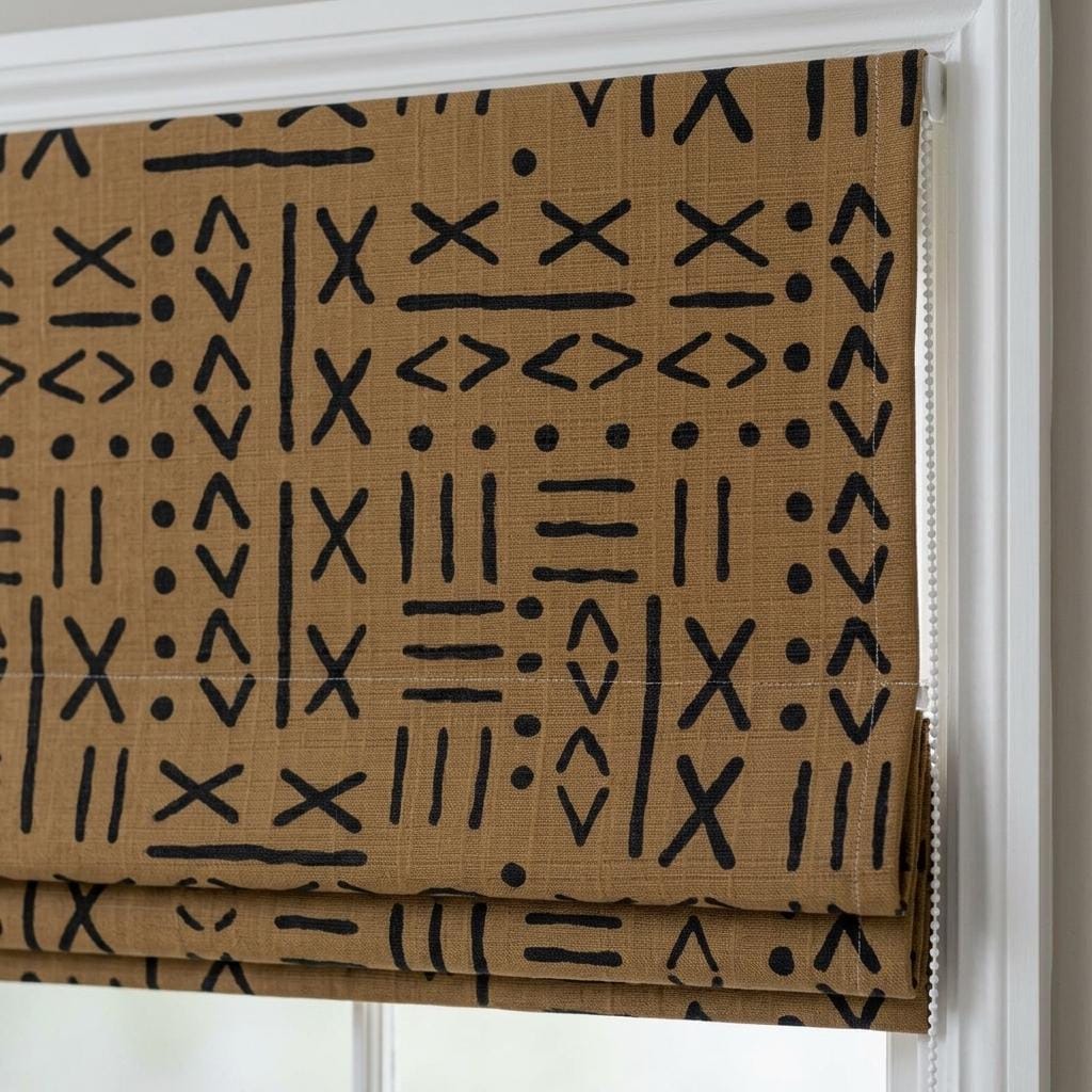 Brown Ochre Linen Roman Shade, Black Mudcloth Tribal Custom Corded Roman Blind, Blackout Light Filtering Blind — image 1