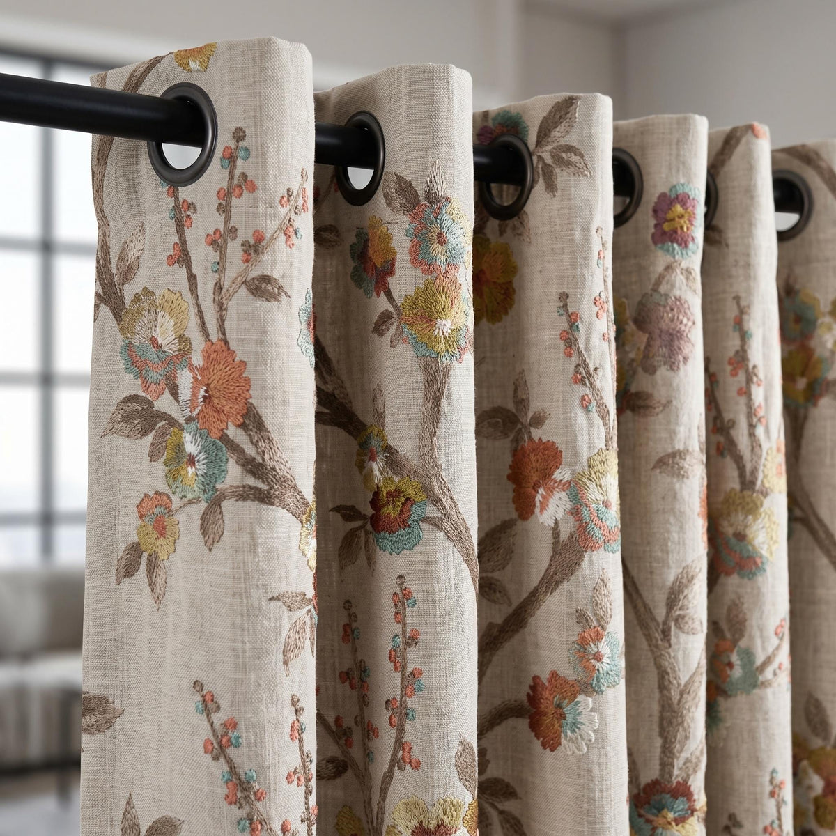 Heavy Natural Oatmeal Linen Curtains, Embroidered Floral Branch Drapes, Custom Blackout or Sheer Living Room Panels — image 3