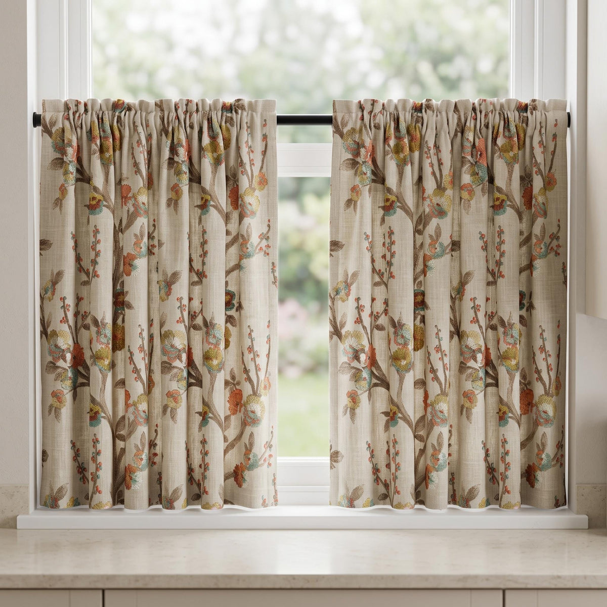 Heavy Natural Oatmeal Linen Curtains, Embroidered Floral Branch Drapes, Custom Blackout or Sheer Living Room Panels — image 6