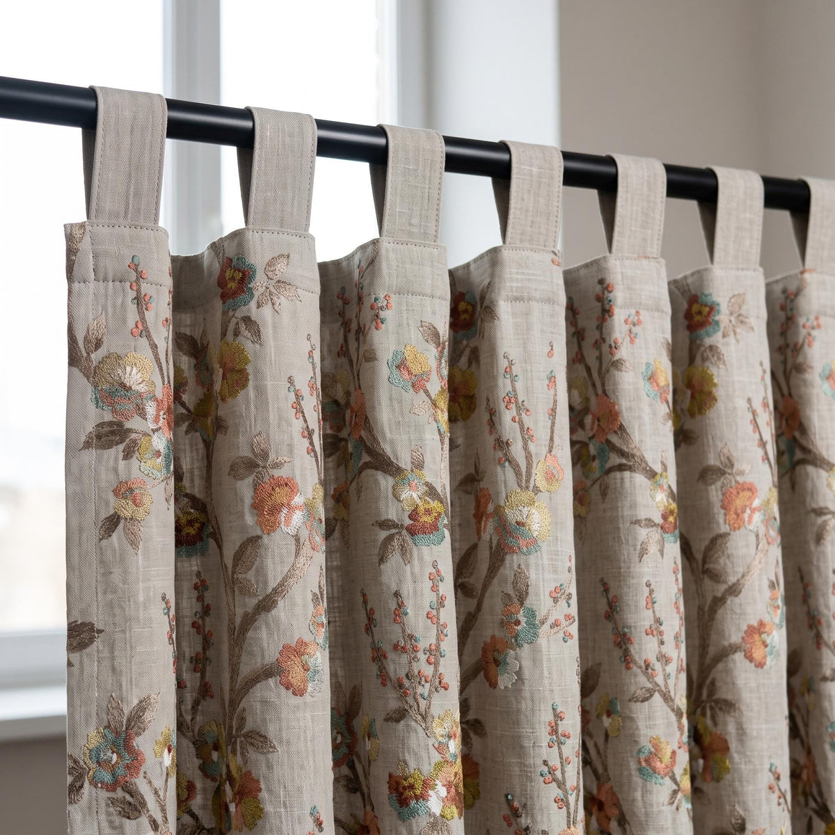 Heavy Natural Oatmeal Linen Curtains, Embroidered Floral Branch Drapes, Custom Blackout or Sheer Living Room Panels — image 7