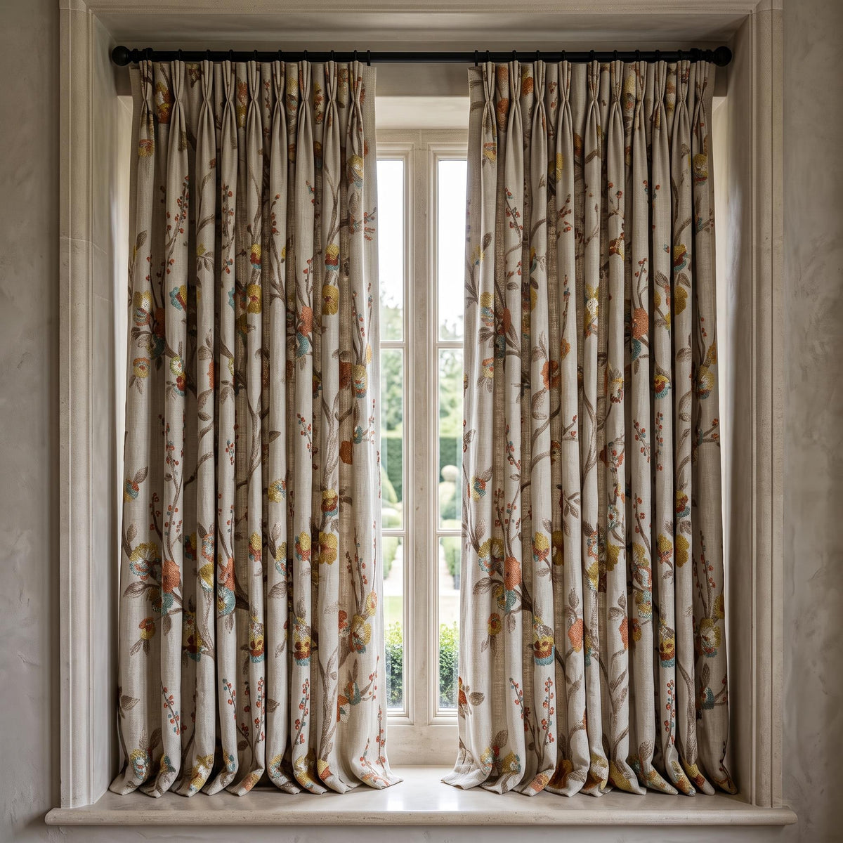 Heavy Natural Oatmeal Linen Curtains, Embroidered Floral Branch Drapes, Custom Blackout or Sheer Living Room Panels — image 5
