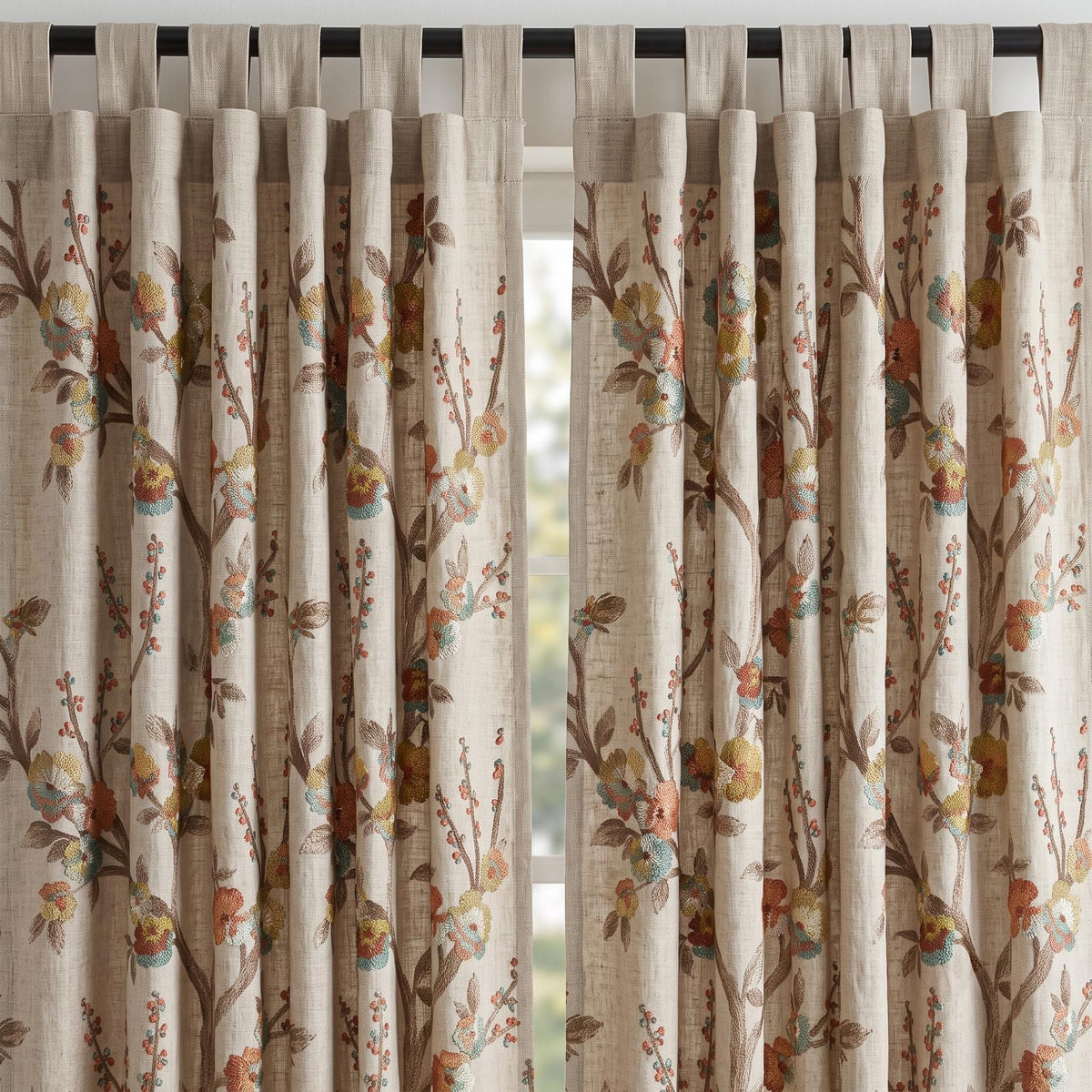 Heavy Natural Oatmeal Linen Curtains, Embroidered Floral Branch Drapes, Custom Blackout or Sheer Living Room Panels — image 9