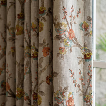 Heavy Natural Oatmeal Linen Curtains, Embroidered Floral Branch Drapes, Custom Blackout or Sheer Living Room Panels — image 1