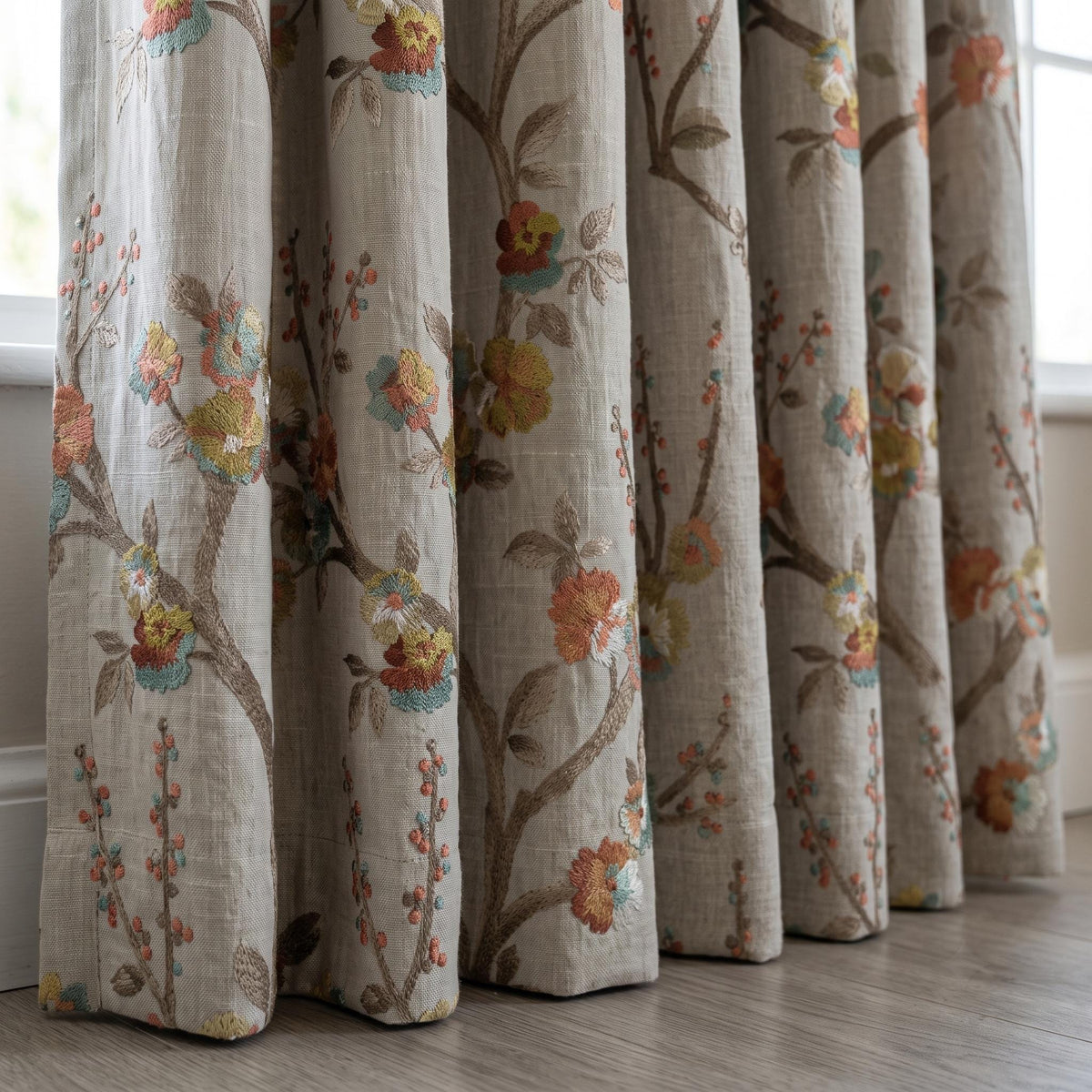 Heavy Natural Oatmeal Linen Curtains, Embroidered Floral Branch Drapes, Custom Blackout or Sheer Living Room Panels — image 4