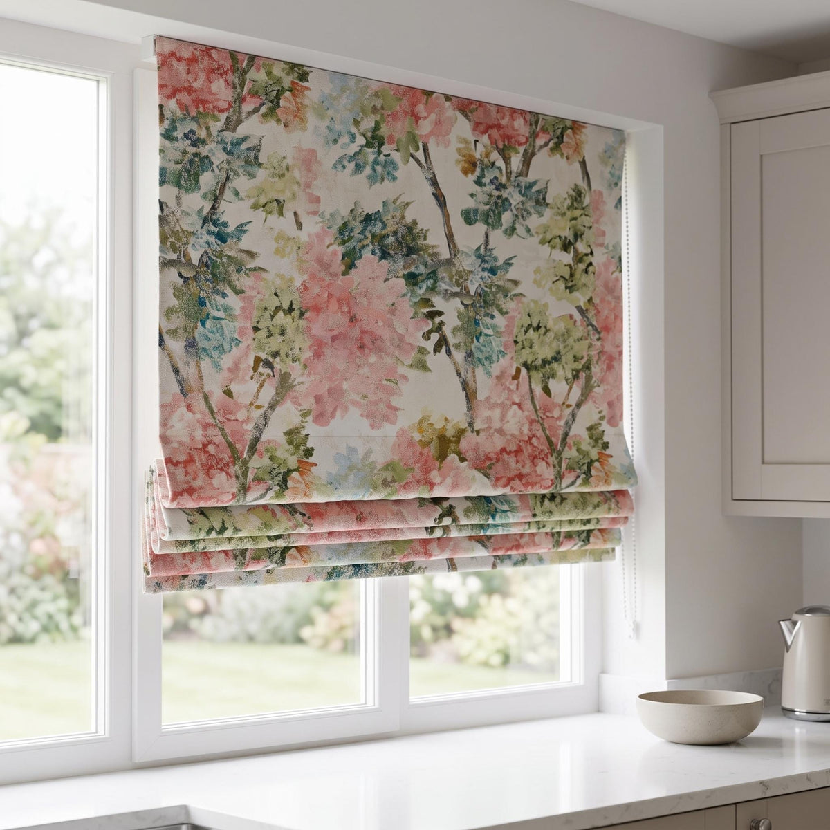 Luxury Custom Roman Shades, Pink Green Floral Jacquard Linen Silk Textured Roman Blind, Blackout Corded Window Treatment — image 4