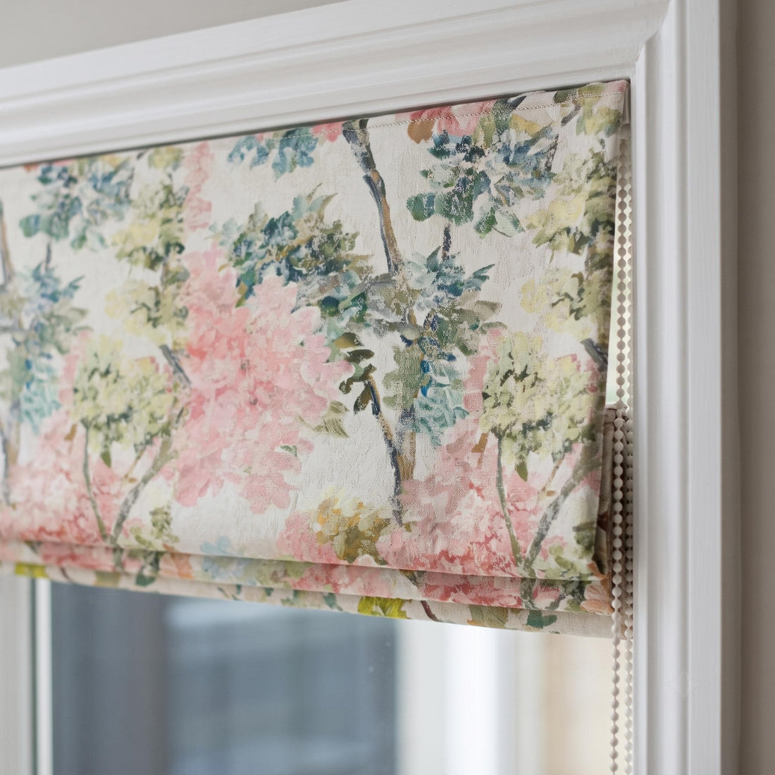 Luxury Custom Roman Shades, Pink Green Floral Jacquard Linen Silk Textured Roman Blind, Blackout Corded Window Treatment — image 1